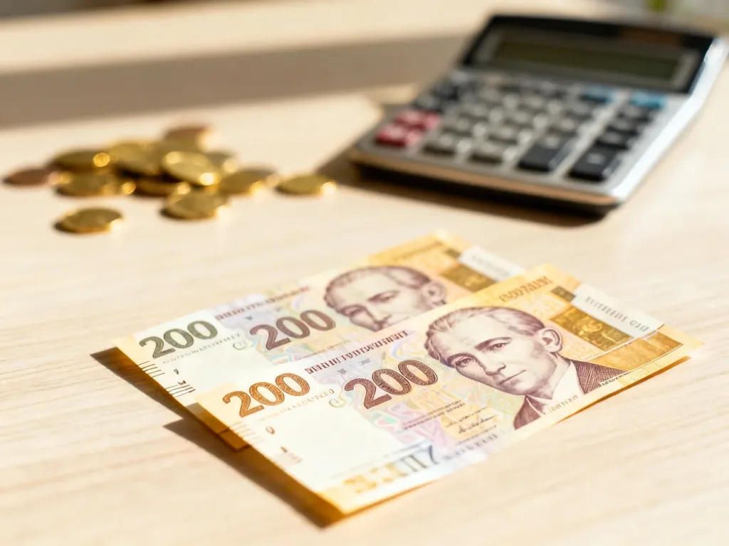 Dwa banknoty o nominale 200 hrywien leżące na drewnianym biurku obok kalkulatora, symbolizujące przelicznik walut.
