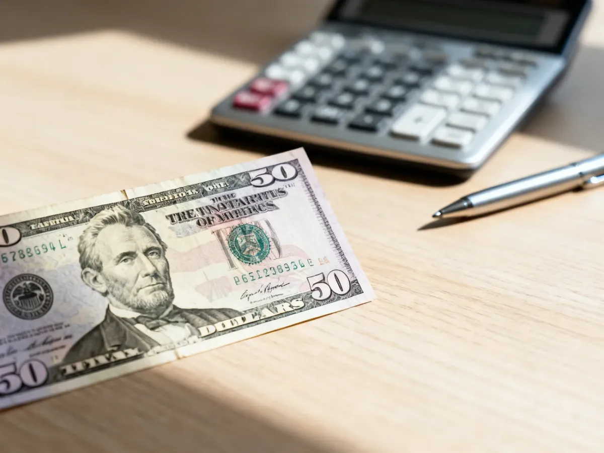 Banknot pięciuset dolarów leżący na drewnianym biurku obok kalkulatora, symbolizujący przelicznik walut.