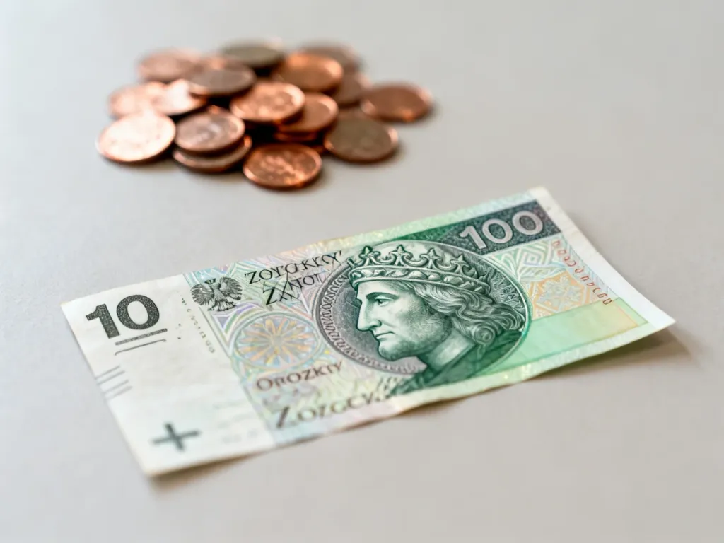 Banknot o nominale 100 złotych leżący na neutralnym tle, obok rozmytych monet, ilustrujący przelicznik waluty.