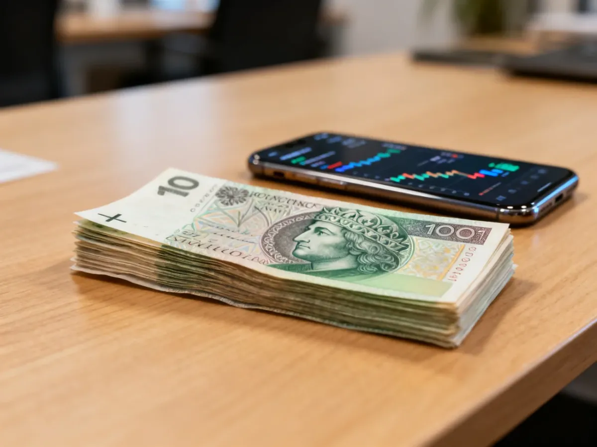 Stos polskich banknotów na drewnianym biurku oraz smartfon z wykresem kursów walut w tle.