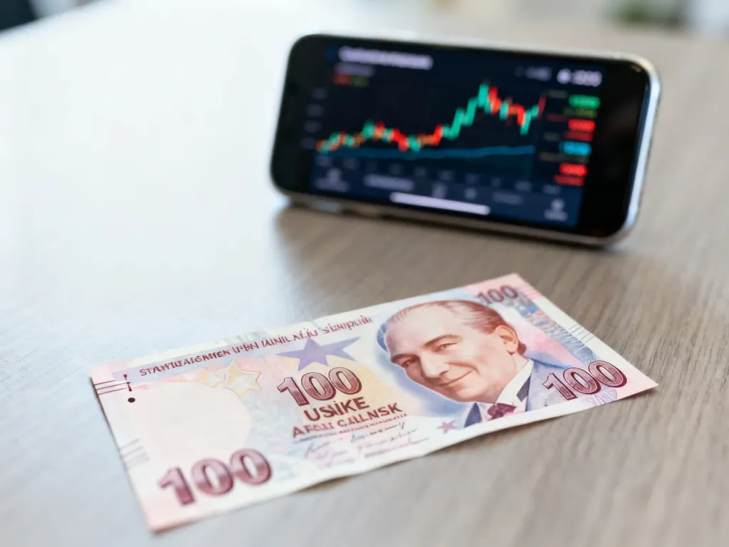 Banknot 100 lir tureckich leżący na biurku obok smartfona z wykresem kursu walut.