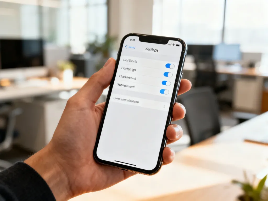 Dłoń trzymająca smartfon z otwartym menu ustawień, co ilustruje proces zmiany danych w aplikacji bankowej.
