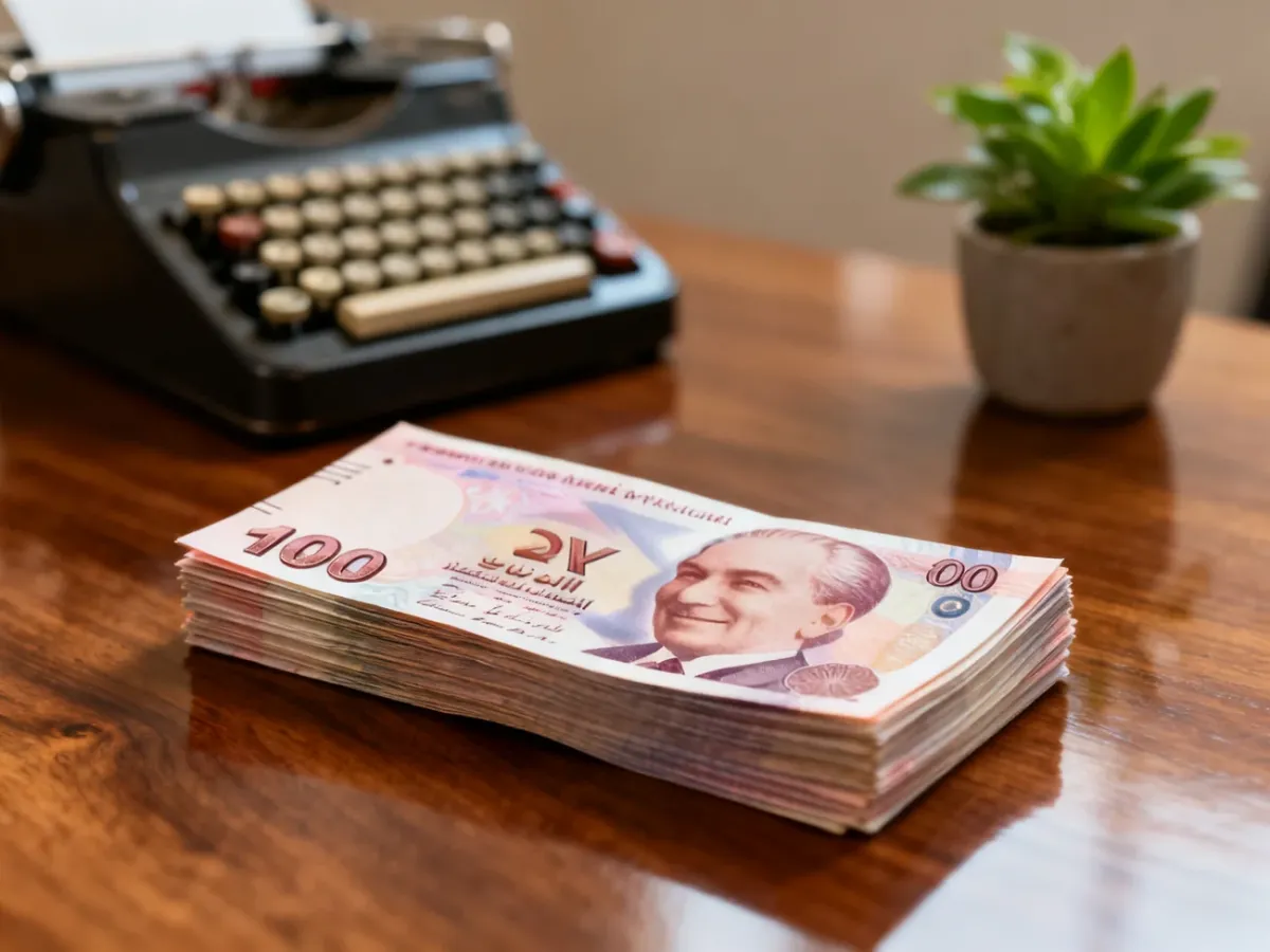 Stos banknotów liry tureckiej na drewnianym stole, symbolizujący przelicznik walut i finanse.