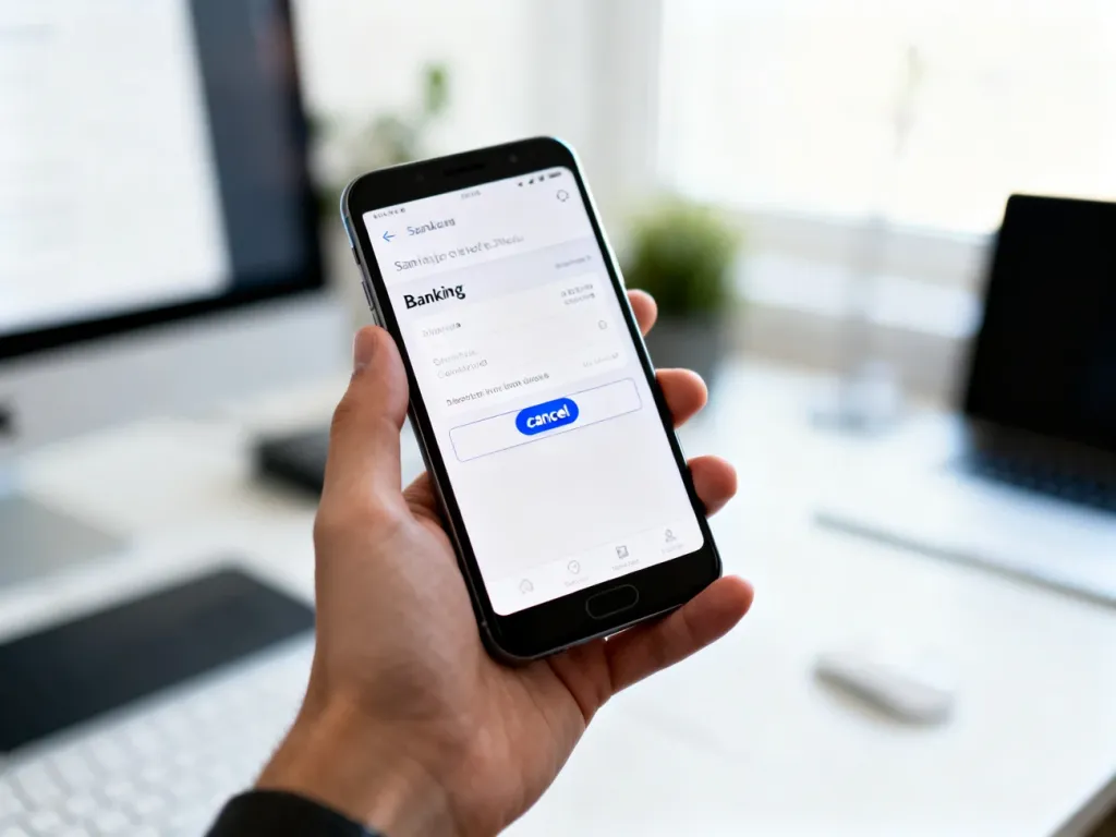 Dłoń trzymająca smartfon z otwartą aplikacją bankową, na której widoczna jest ikona anulowania przelewu.