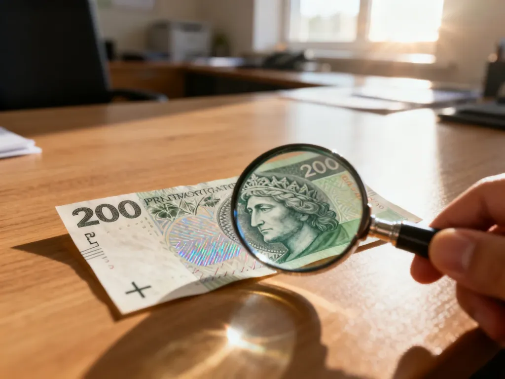Banknot 200 zł pod lupą na drewnianym biurku, ukazujący detale zabezpieczeń niezbędne do weryfikacji autentyczności pieniądza.