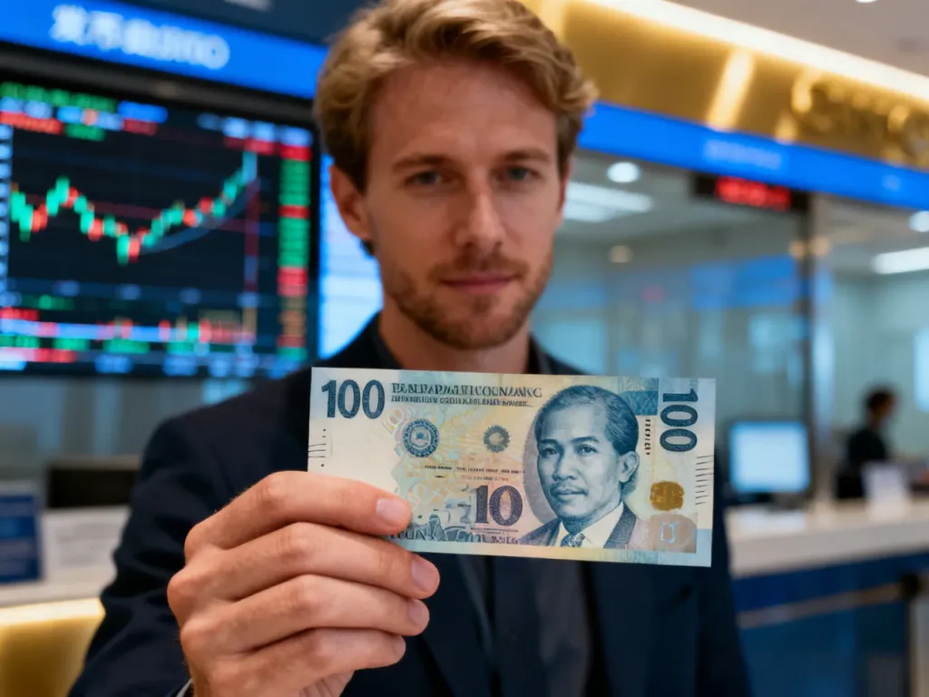 Mężczyzna trzymający w dłoni banknot 100 peso filipińskich na tle nowoczesnego kantoru z wykresami walut.