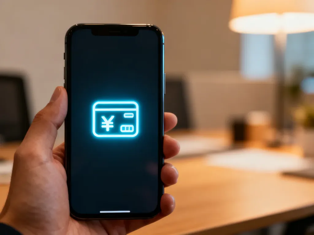 Dłoń trzymająca smartfon z ikoną płatności cyfrowej, symbolizująca nowoczesne i bezpieczne transakcje mobilne.