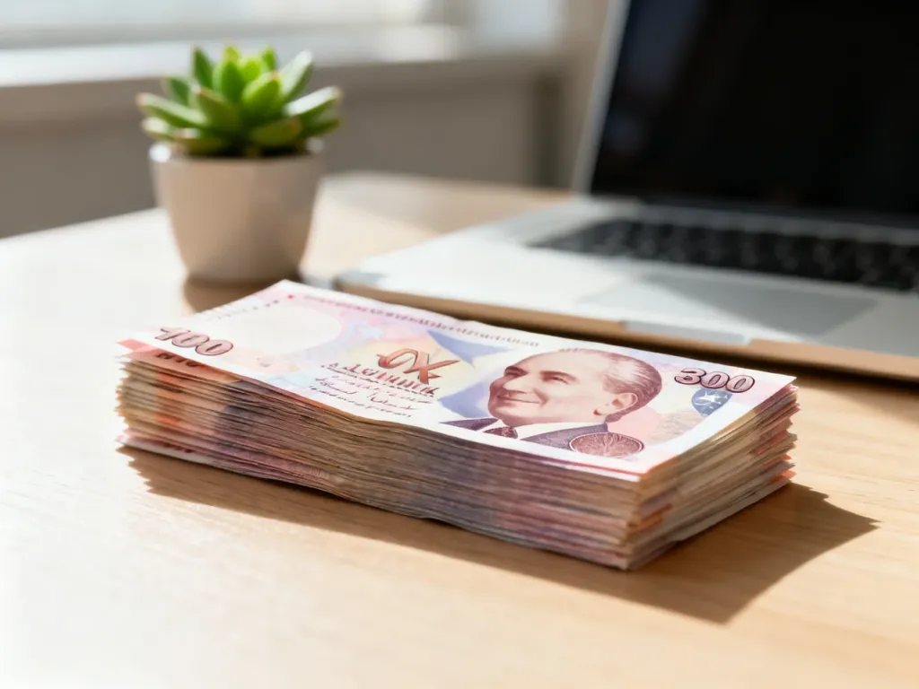 Stos banknotów liry tureckiej na drewnianym biurku w jasnym, nowoczesnym biurze.
