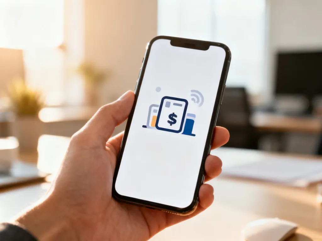 Dłoń trzymająca smartfon z otwartą aplikacją bankową w jasnym, profesjonalnym biurze.