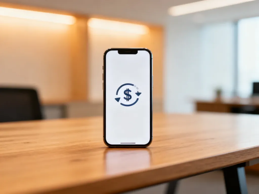 Smartfon na biurku z ikoną przelewu bankowego na ekranie, symbolizujący szybkie przesyłanie pieniędzy z Niemiec do Polski.