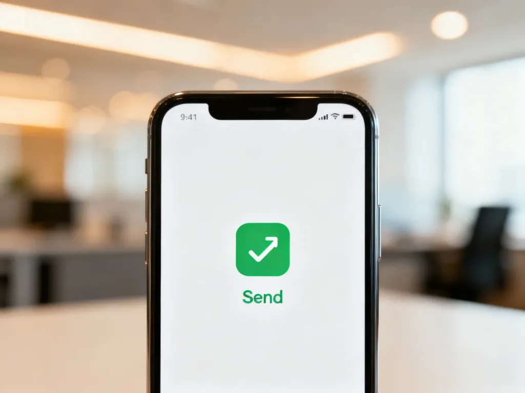 Smartfon z interfejsem bankowości mobilnej i ikoną wysyłania przelewu w nowoczesnym biurowym wnętrzu.