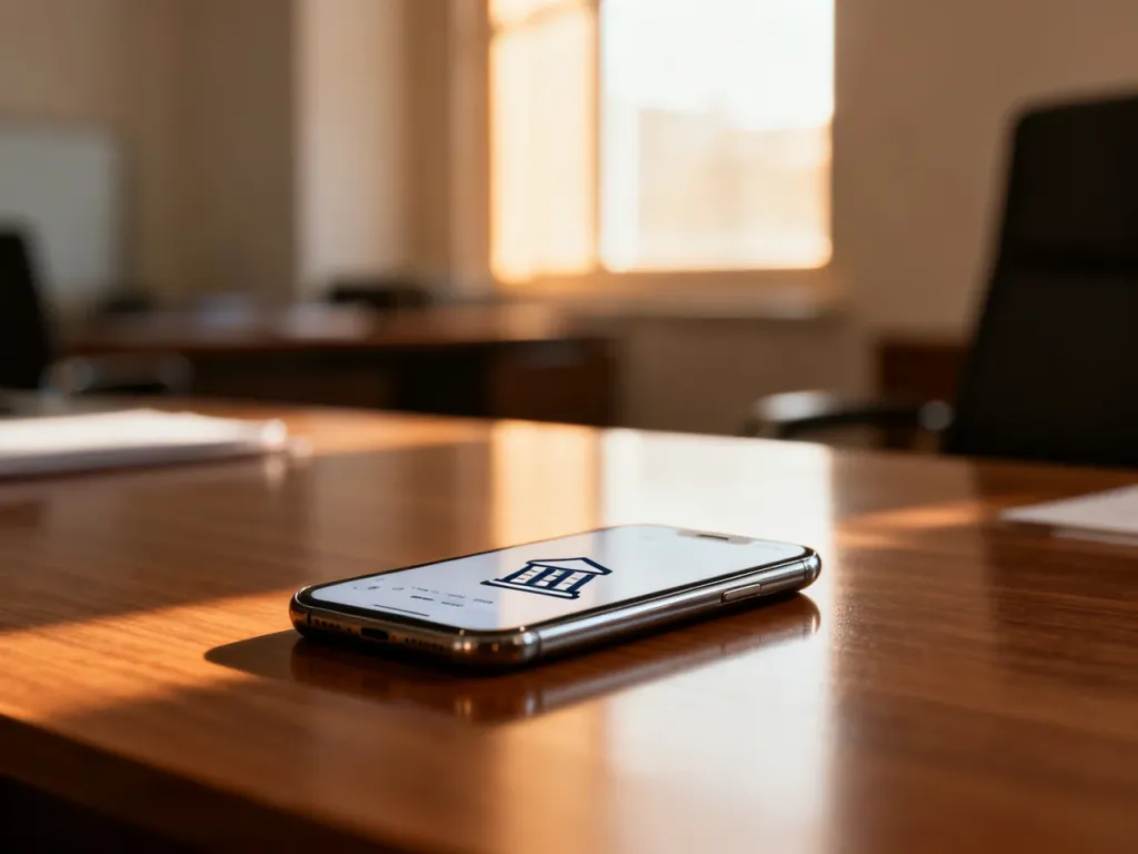 Smartfon z ikoną bankowości na ekranie, leżący na biurku w słonecznym biurze, symbolizujący szybkie przelewy elektroniczne.
