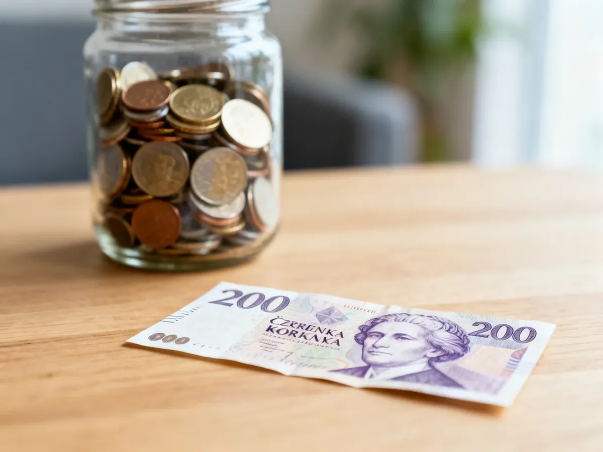 Banknot 200 koron czeskich leżący na drewnianym stole obok słoika z monetami, symbolizujący wymianę walut.