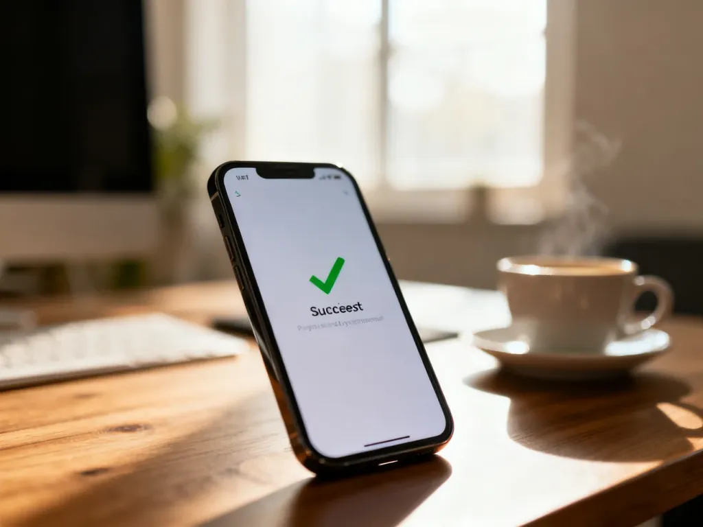 Smartfon z powiadomieniem o udanej płatności na ekranie, symbolizujący pomyślne zakończenie transakcji na Vinted.