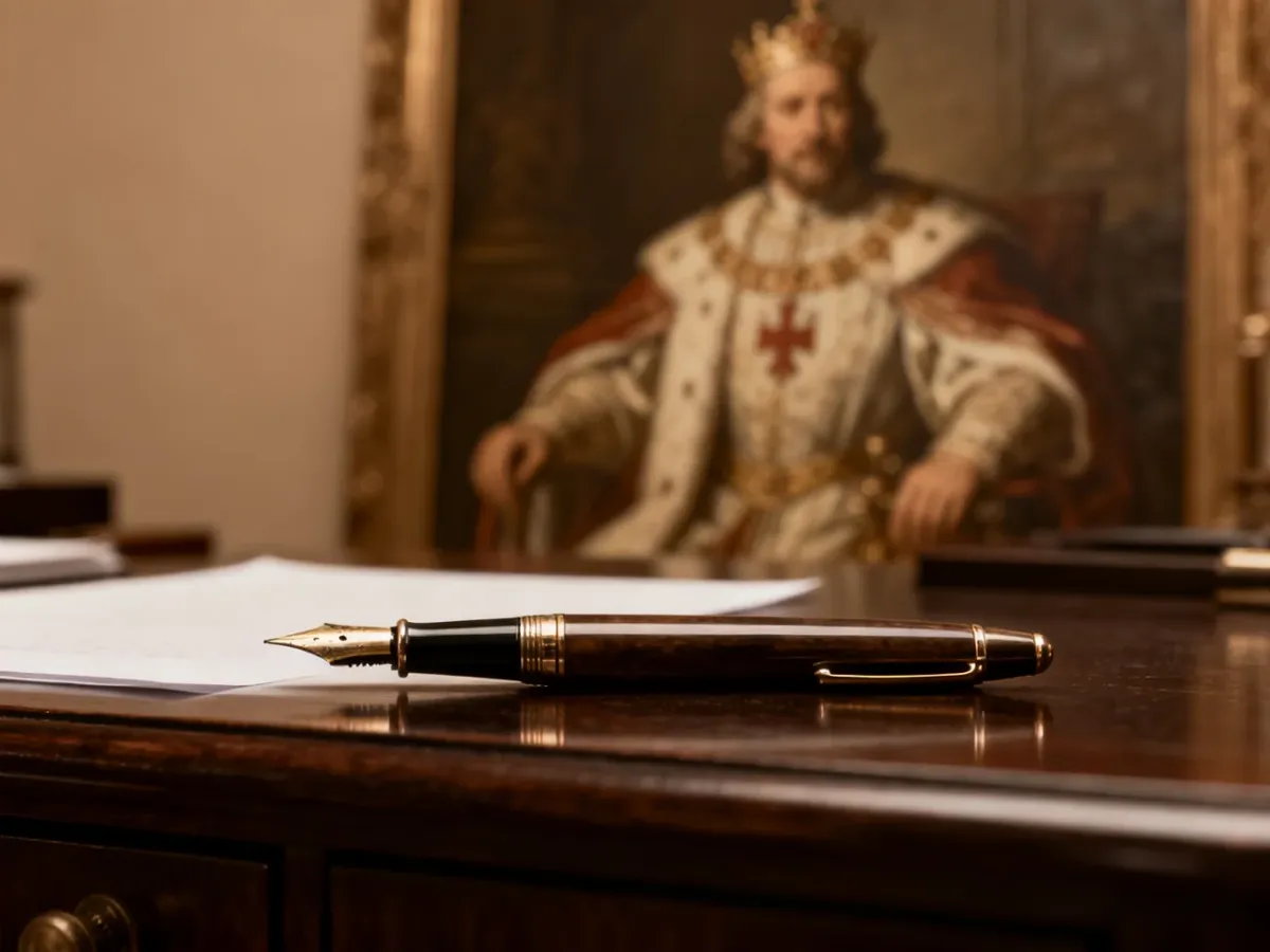 Eleganckie pióro wieczne na drewnianym biurku na tle portretu polskiego króla w stylu olejnym.