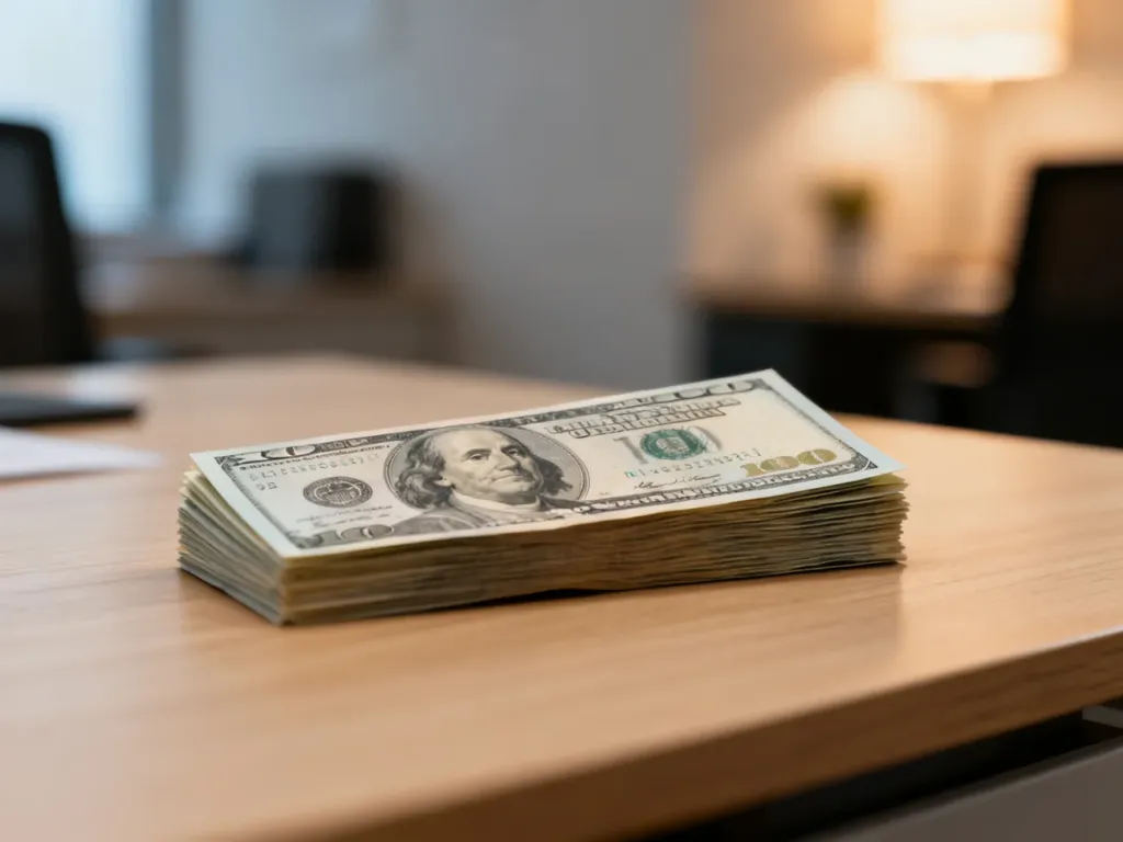 Stos banknotów dolarowych na drewnianym biurku, symbolizujący finanse i inwestycje.