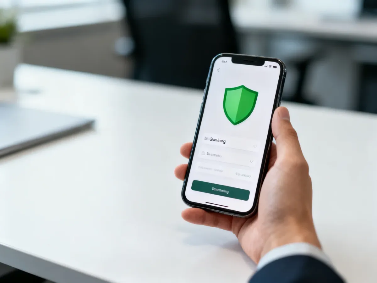 Smartfon z otwartą aplikacją bankową i ikoną tarczy, symbolizujący bezpieczeństwo transakcji BLIK.