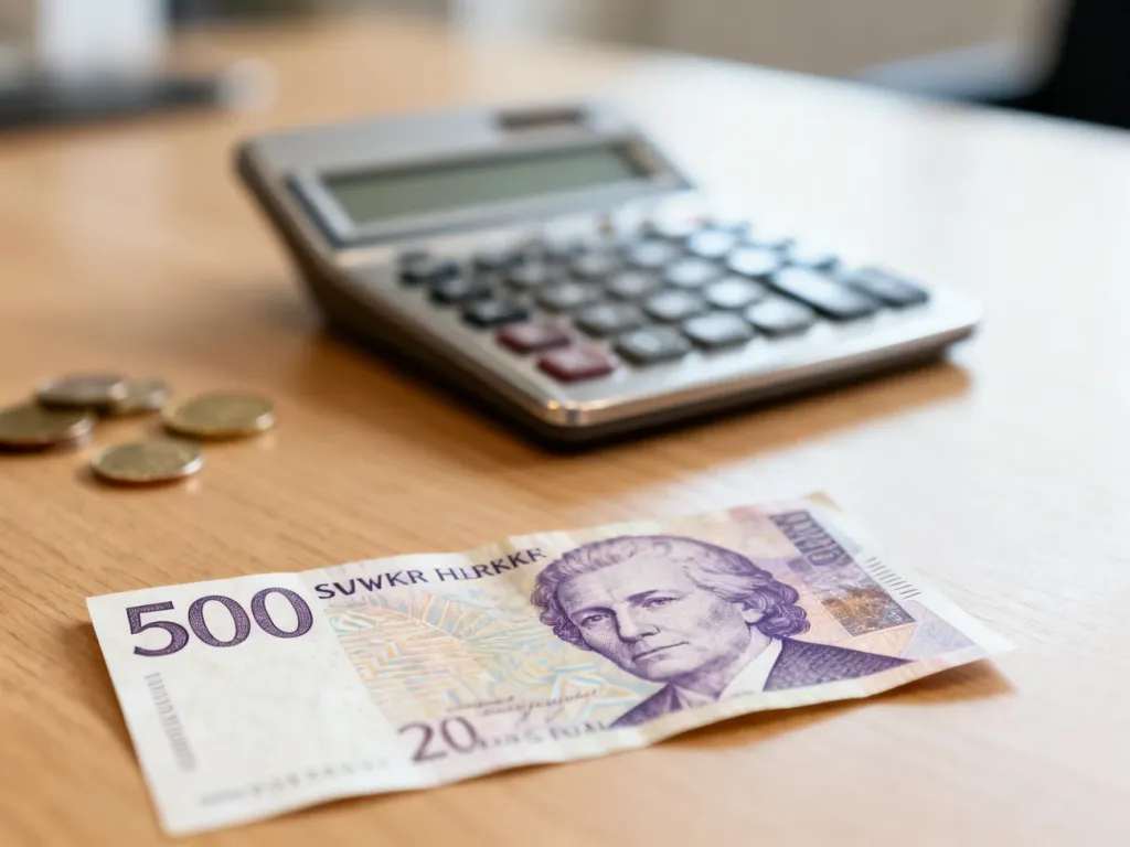 Banknot 500 koron szwedzkich leżący na drewnianym biurku obok kalkulatora, ilustrujący przelicznik walut.