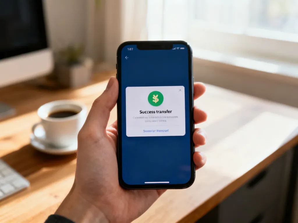 Dłoń trzymająca smartfon z powiadomieniem o udanym przelewie środków na tle przytulnego domowego biura.