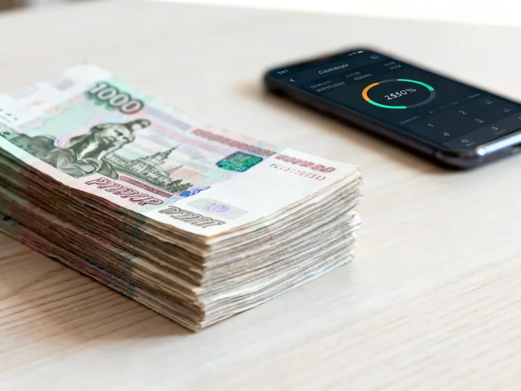 Stos banknotów rubla rosyjskiego na drewnianym stole w tle z rozmytą aplikacją do przeliczania walut na smartfonie.