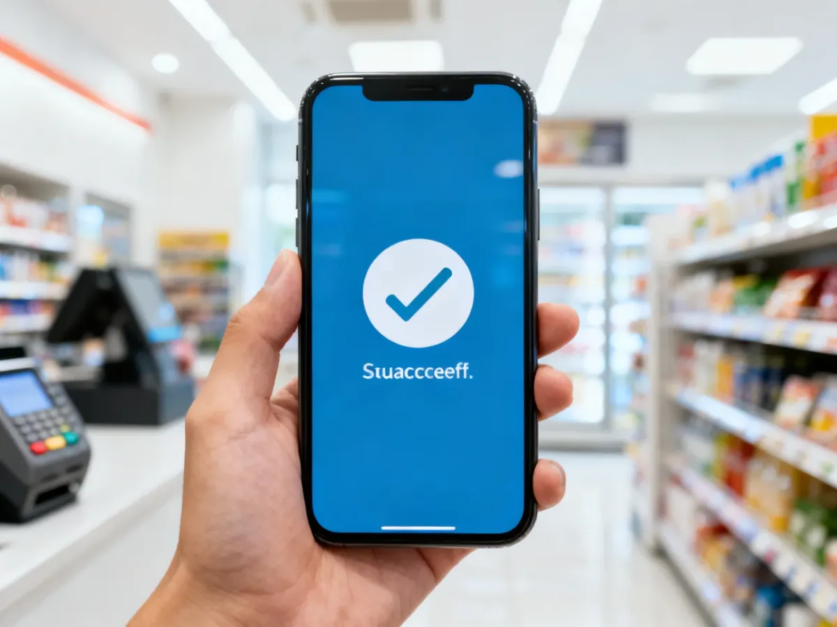 Dłoń trzymająca smartfon z ikoną potwierdzenia udanej transakcji na tle wnętrza sklepu.