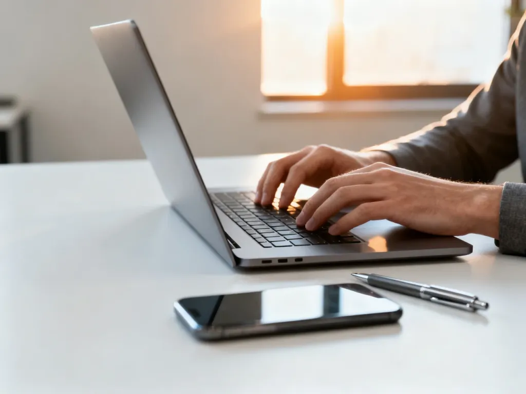 Osoba pracująca przy laptopie w nowoczesnym biurze, przygotowująca przelew w ramach mechanizmu podzielonej płatności.
