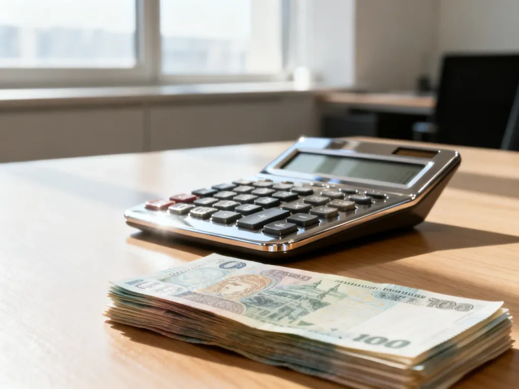 Kalkulator i plik banknotów na biurku, symbolizujące przeliczanie walut i planowanie finansowe w nowoczesnym biurze.