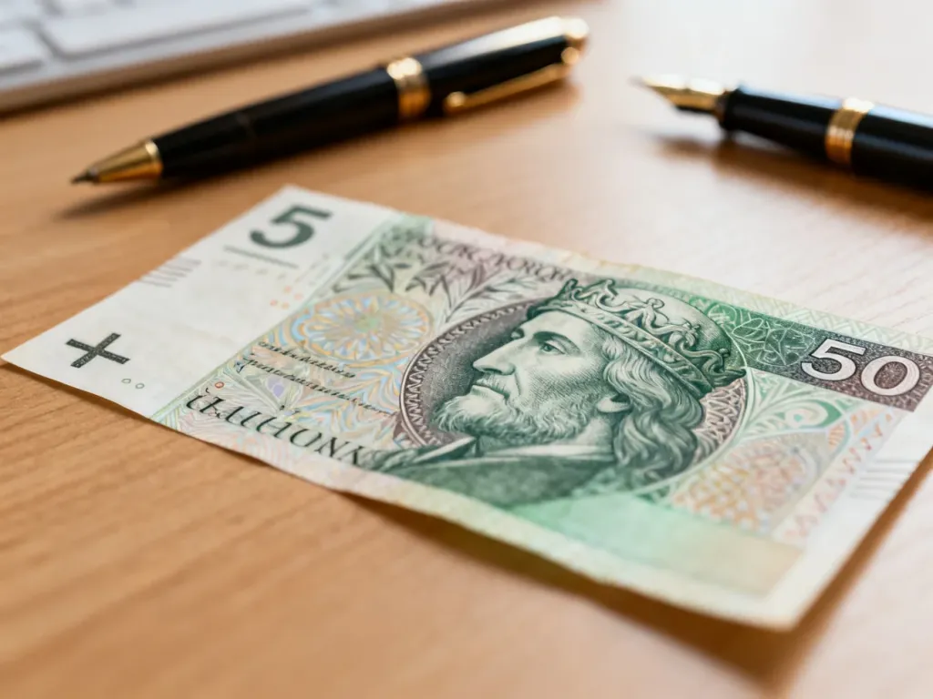 Zbliżenie na portret króla Kazimierza Wielkiego na banknocie 50 zł leżącym na drewnianym biurku obok pióra wiecznego.