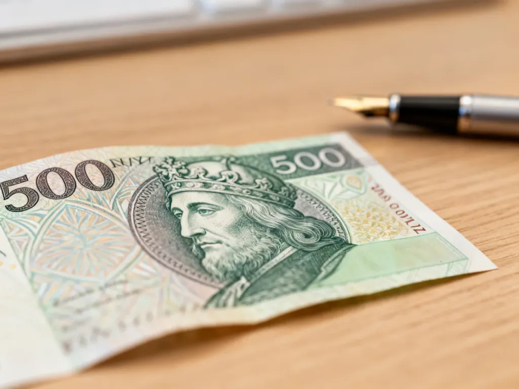 Zbliżenie na banknot 500 zł z wizerunkiem króla Jana III Sobieskiego leżący na drewnianym biurku obok pióra wiecznego.