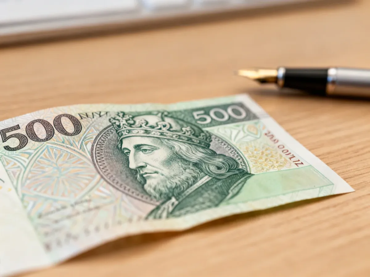 Zbliżenie na banknot 500 zł z wizerunkiem króla Jana III Sobieskiego leżący na drewnianym biurku obok pióra wiecznego.