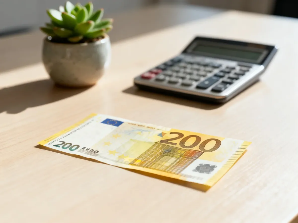 Banknot 200 euro leżący na drewnianym biurku obok kalkulatora, symbolizujący przeliczanie walut.