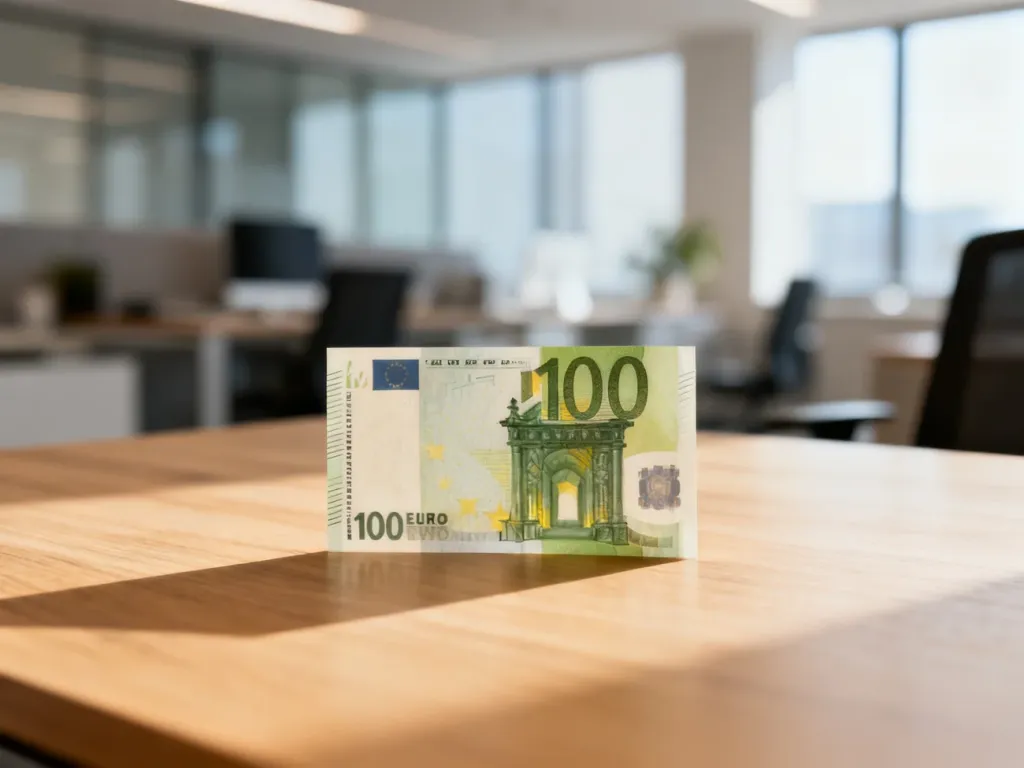 Banknot stu euro leżący na drewnianym biurku w nowoczesnym biurze. Ilustracja przedstawiająca przelicznik walut.