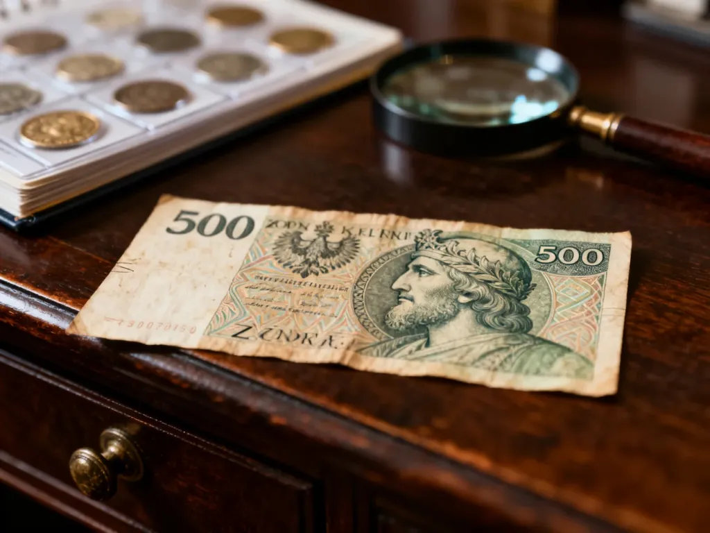 Stary banknot 500 zł na drewnianym biurku w otoczeniu akcesoriów numizmatycznych, podkreślający wartość kolekcjonerską.
