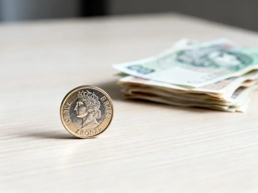 Czeska moneta korona leżąca na drewnianym stole obok polskich banknotów, symbolizująca wymianę walut.