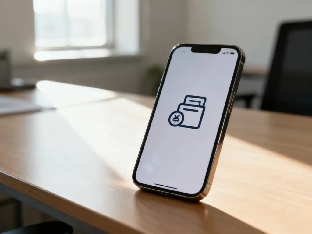Nowoczesny smartfon z ikoną aplikacji bankowej na ekranie, leżący na drewnianym biurku w słonecznym biurze.