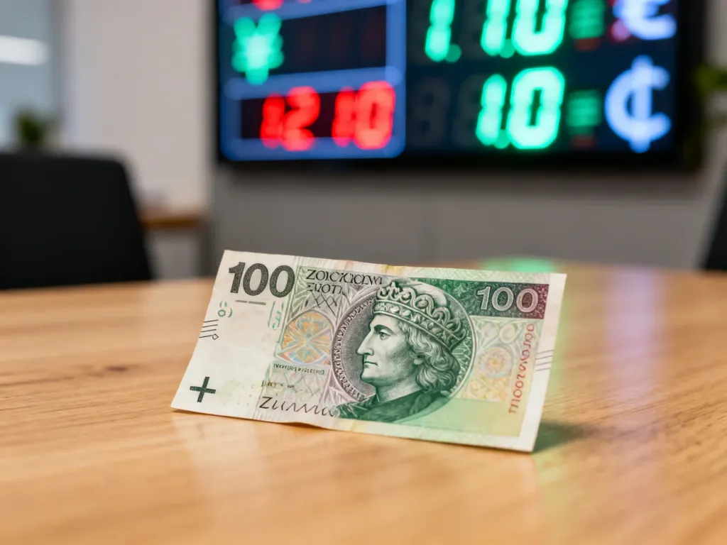 Banknot 100 złotych leżący na drewnianym stole na tle rozmytej tablicy kursów walut.