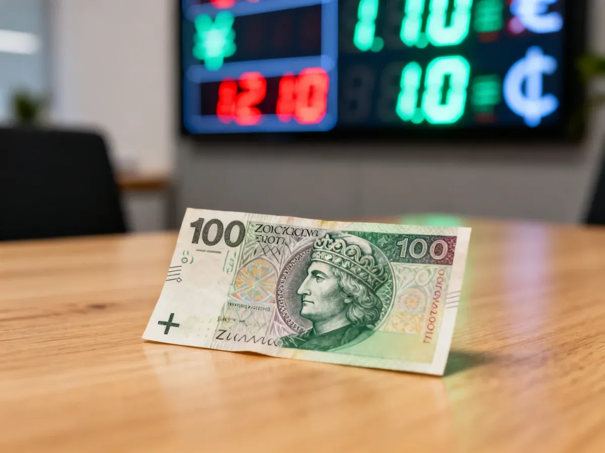 Banknot 100 złotych leżący na drewnianym stole na tle rozmytej tablicy kursów walut.