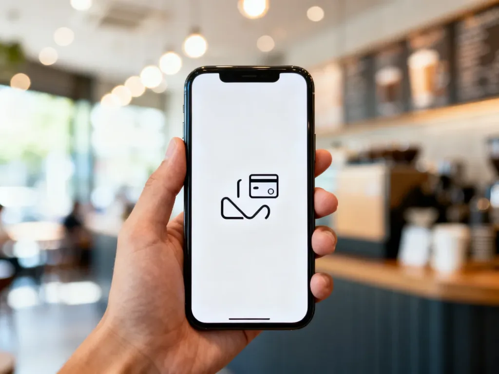 Dłoń trzymająca smartfon z interfejsem płatności cyfrowych w kawiarni. Obraz ilustruje proces wykonywania przelewu Blik.