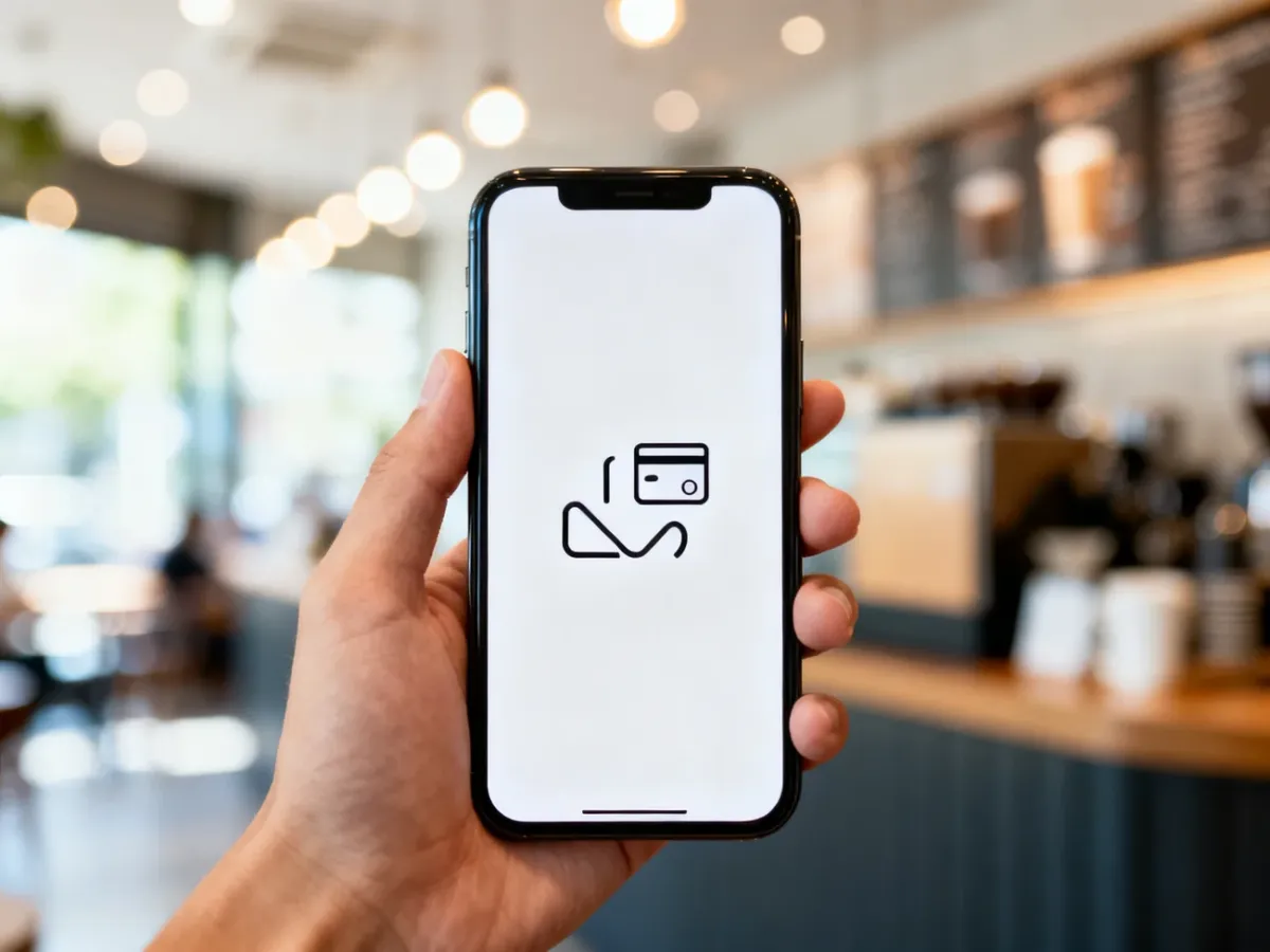 Dłoń trzymająca smartfon z interfejsem płatności cyfrowych w kawiarni. Obraz ilustruje proces wykonywania przelewu Blik.