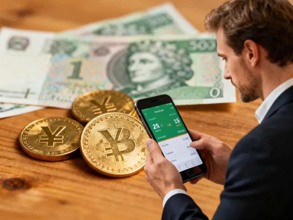 Mężczyzna trzyma smartfon z aplikacją do przeliczania walut, a w tle widać monety jena japońskiego i polskie banknoty.