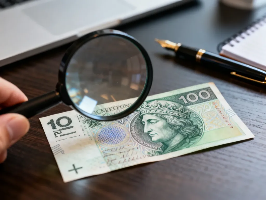 Lupa przyłożona do banknotu 100 zł na drewnianym biurku, służąca do sprawdzania autentyczności znaku wodnego.
