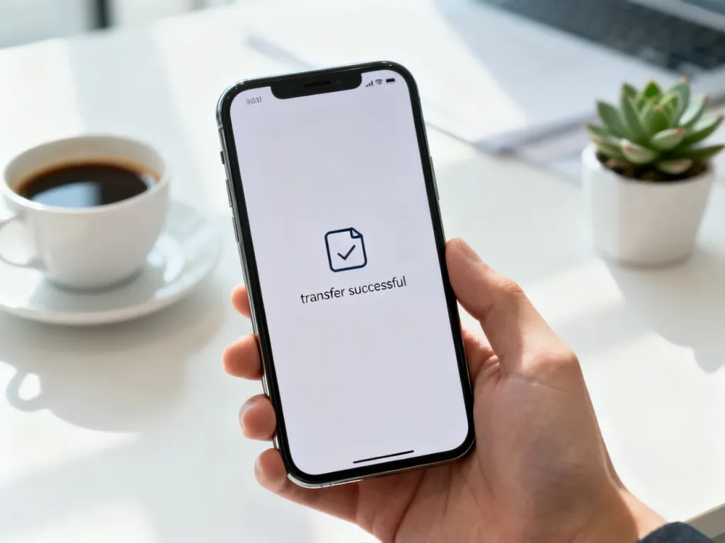 Smartfon z wyświetlonym ekranem potwierdzenia przelewu bankowego na tle biurka, symbolizujący sprawne transakcje finansowe.