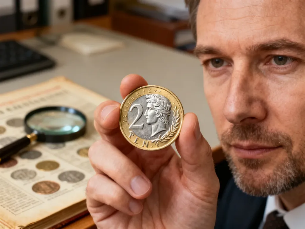 Dłoń trzymająca rzadką monetę 2 zł na tle lupy i katalogu numizmatycznego, podkreślająca proces profesjonalnej wyceny.