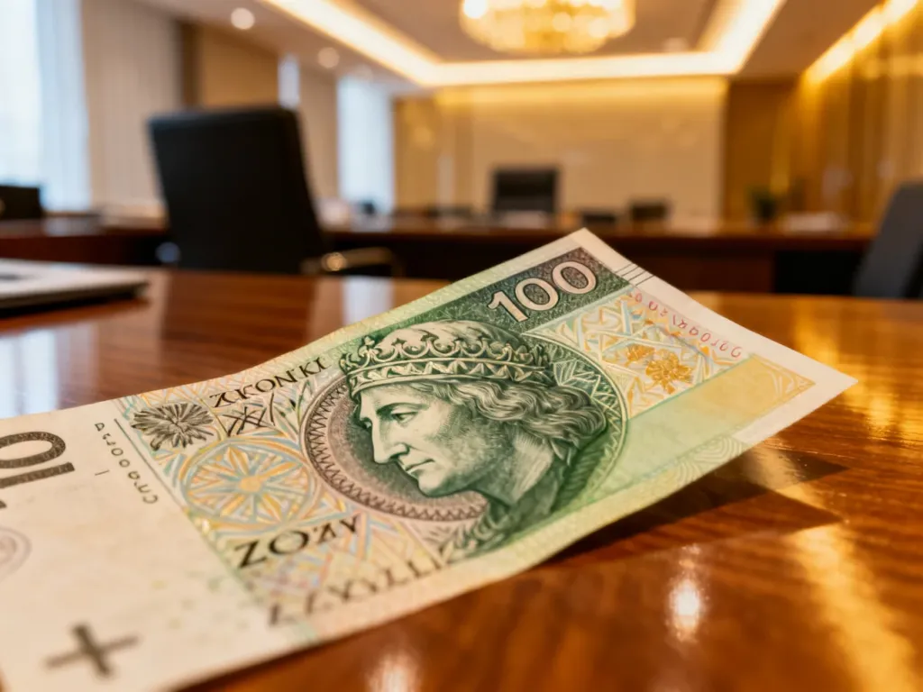 Banknot 100 zł leżący na drewnianym biurku, ukazujący detale papieru i zabezpieczenia w profesjonalnym ujęciu makro.