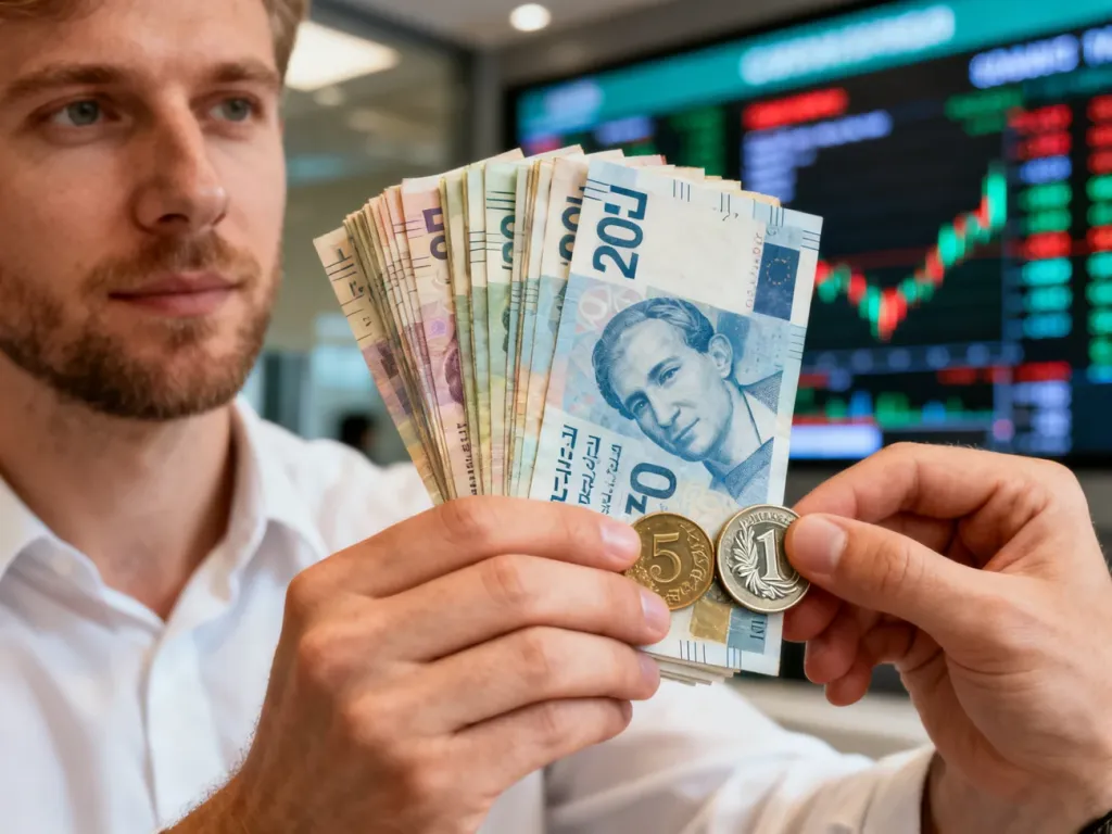 Mężczyzna trzymający w dłoniach banknoty izraelskich szekli oraz polskie monety na tle nowoczesnego kantoru.
