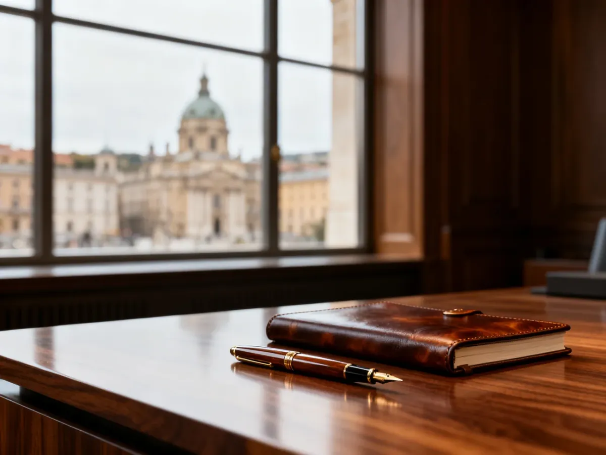 Eleganckie biurko z piórem i notatnikiem w gabinecie z widokiem na zabytkowe miasto, symbolizujące pracę na wysokim szczeblu.