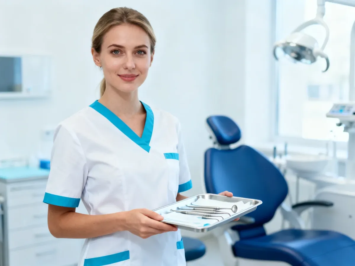Profesjonalna asystentka stomatologiczna w nowoczesnym gabinecie, trzymająca tacę ze sterylnymi narzędziami dentystycznymi.