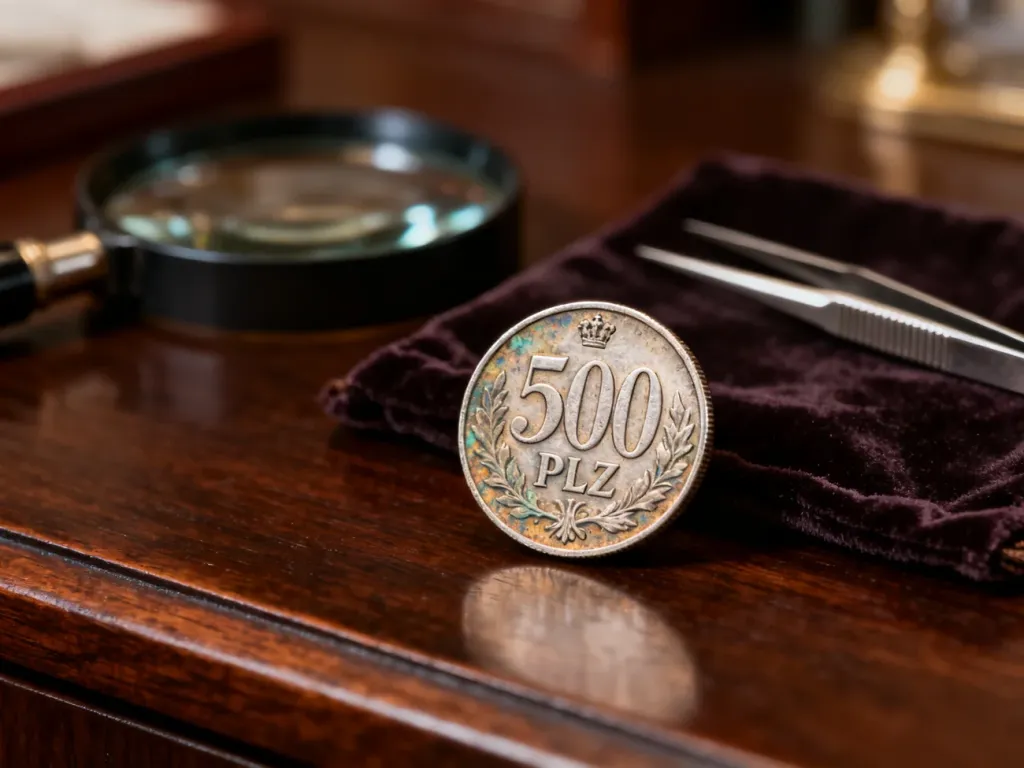 Zabytkowa moneta 500 zł na drewnianym blacie w otoczeniu narzędzi numizmatycznych, podkreślająca detale i patynę kruszcu.
