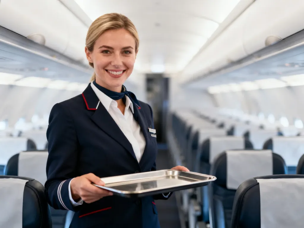 Uśmiechnięta stewardessa w mundurze trzyma tacę w kabinie nowoczesnego samolotu pasażerskiego.