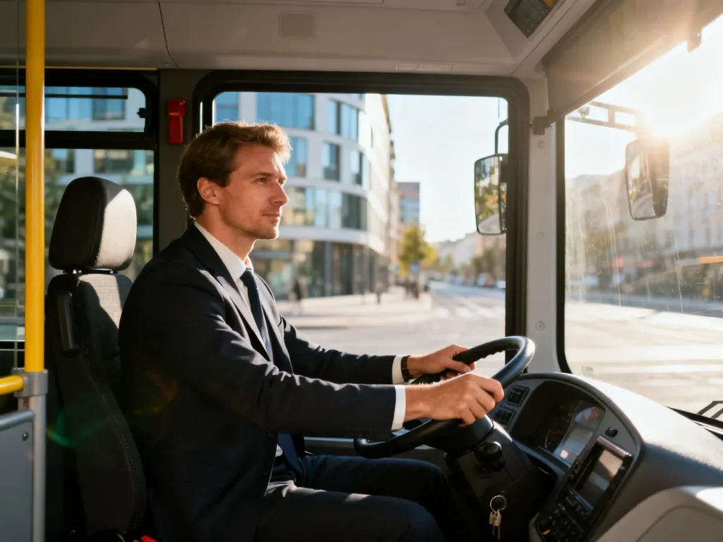 Skupiony kierowca prowadzi nowoczesny autobus miejski w słoneczny dzień.
